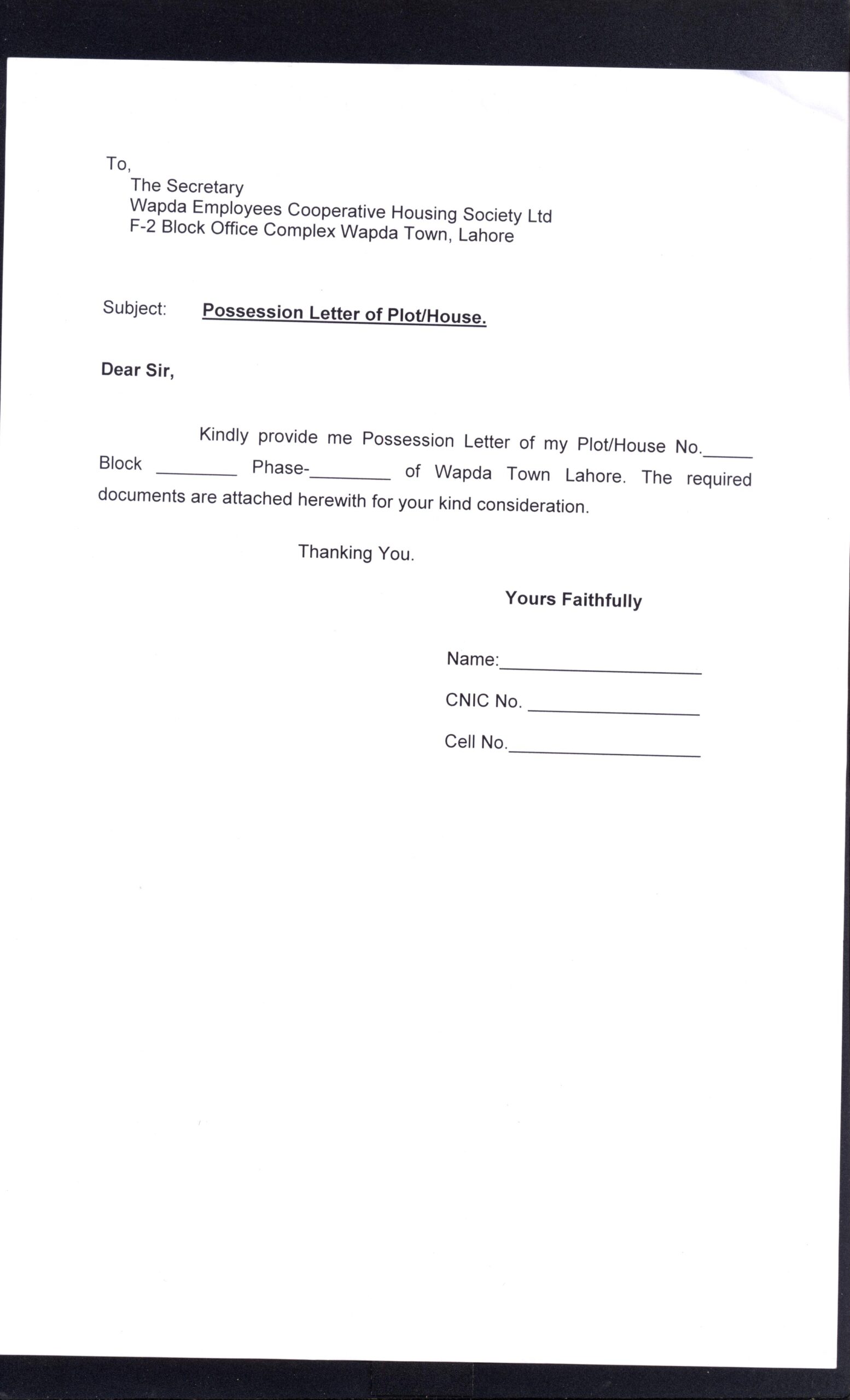 Possession Letter WECHS